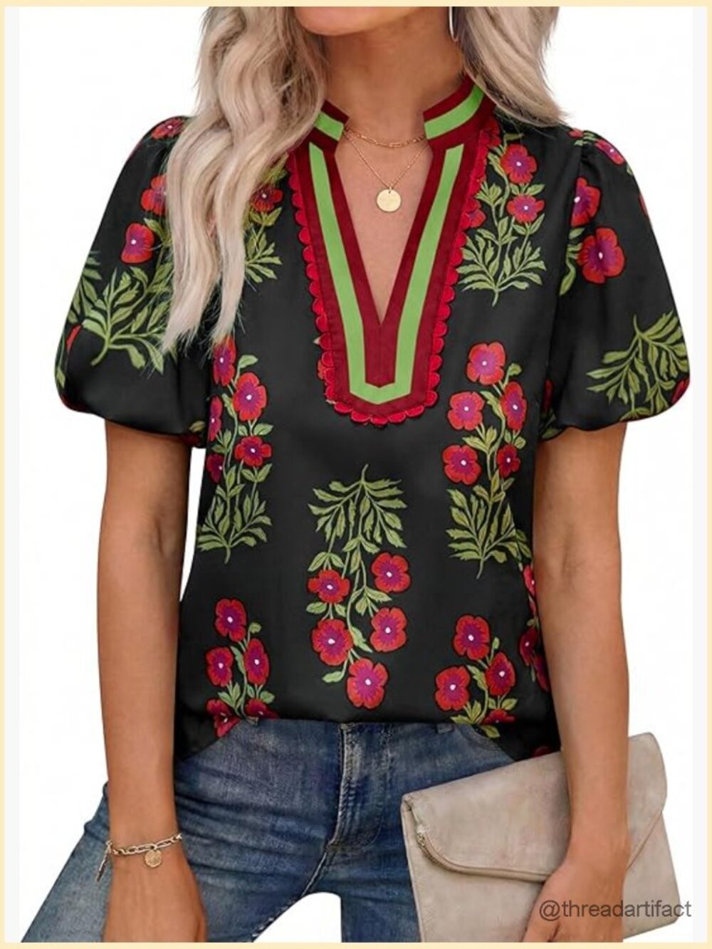 Floral Puff Sleeve V-Neck Boho Blouse Relaxed Fit Summer Top